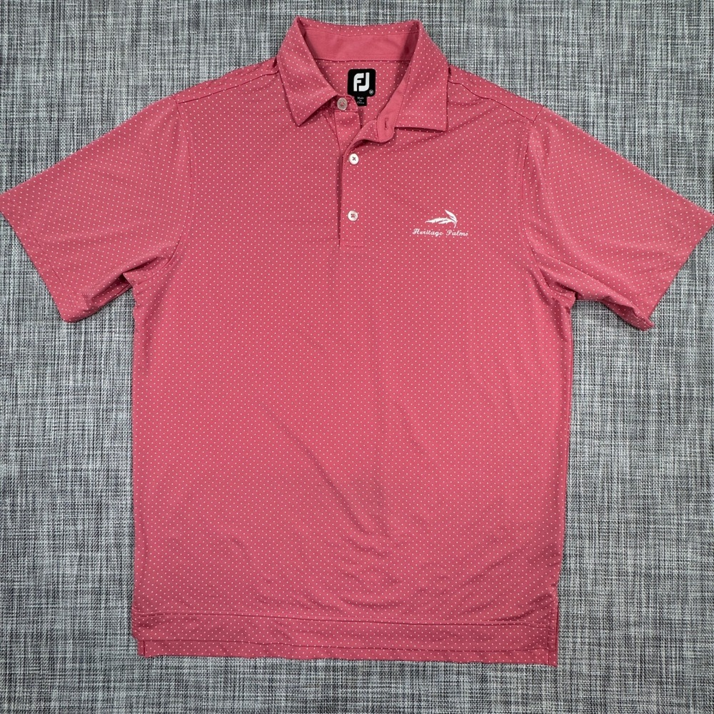 FootJoy Mens Medium Pink Polka Dot Stretch Golf Polo Heritage Palms Embroidered